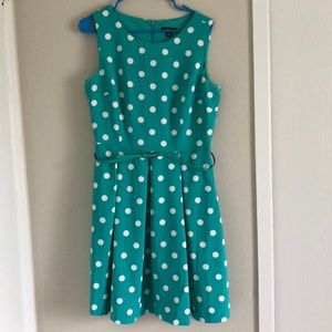 Teal w/white polka dot A-line dress w/belt